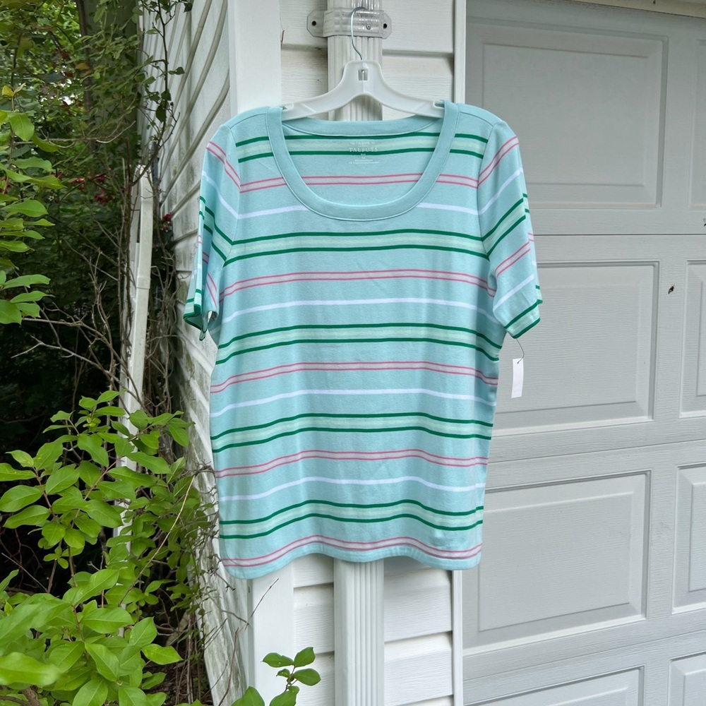 NWT Talbots Pretty Light Blue Multicolored Stripe Scoop Neck Short Sleev…